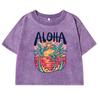 Beach Style Aloha Printing Women T Shirts Washed Fitness Retro Crop Top Summer Sweat Tees Shirt Cotton Tee