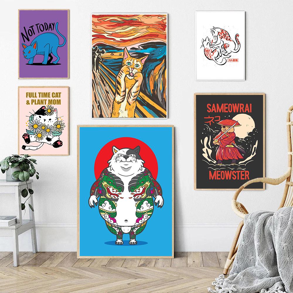 Мрачная татуировка кота на красном солнце, холст, картина, забавный милый кот, самурай, плакат с принтом, детская кровать, домашняя комната, настенное художественное украшение, фотографии