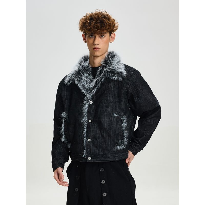 Cabbage Coke American Retro Thick Cotton Jacket for Men and Women, Loose Deconstructed Brushed High-End Fur Collar Coat