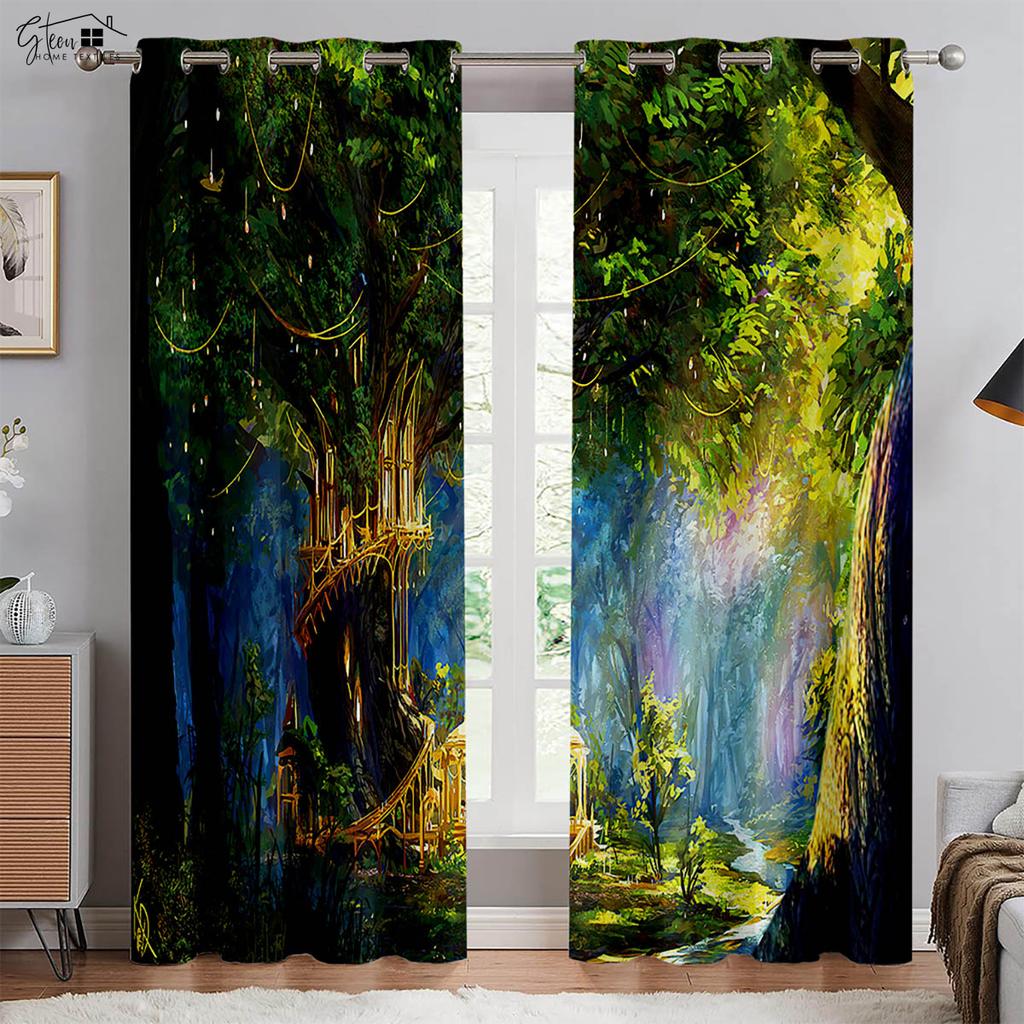 Лесные 3D-занавески с изображением леса, пейзажа, зеленого солнца, осени, кленовых листьев, природы, жизненной силы, кармана для переноски, легко стирать, занавески