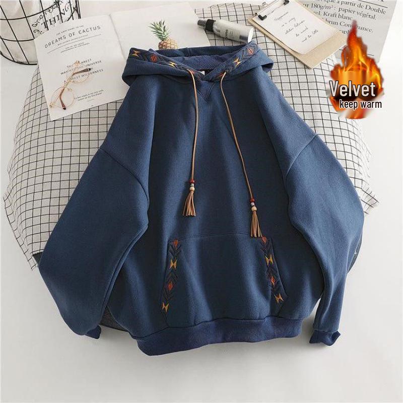 Женский ретро-свитшот из хлопкового вельвета с вышивкой: Свободный, стройнящий модный топ для осени/зимы