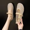 High Version 2025 Spring Mesh One-word Buckle Band Ballet Shoes Women's Rhinestone Flats Hollow Fishing Net Mary Jane Single Shoes