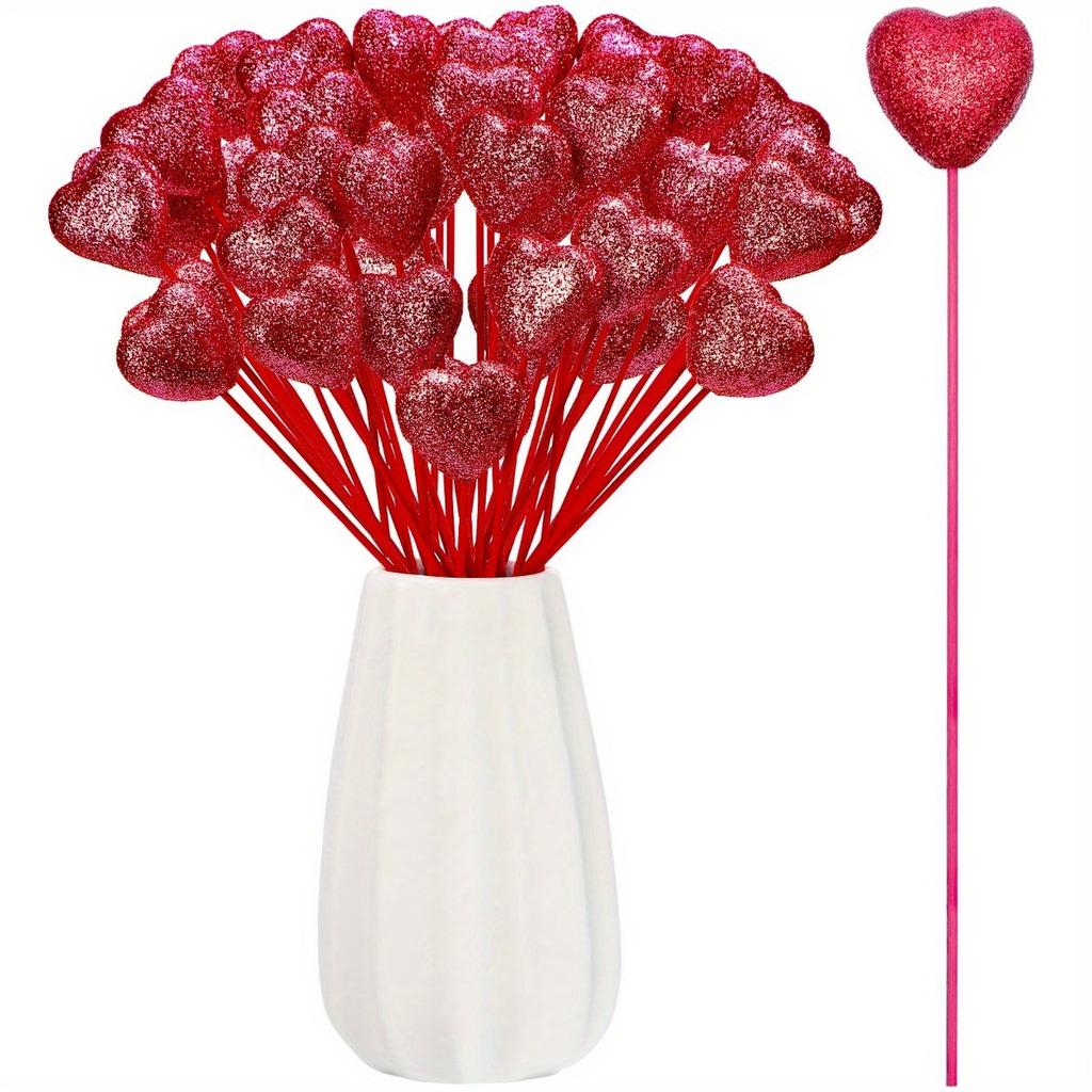 50 Pcs Glitter Foam Hearts Picks Valentine's Day Sparkly Foam Hearts Stems Wooden Glitter Heart Puffy Heart Picks for Valentine Flower Arrangements