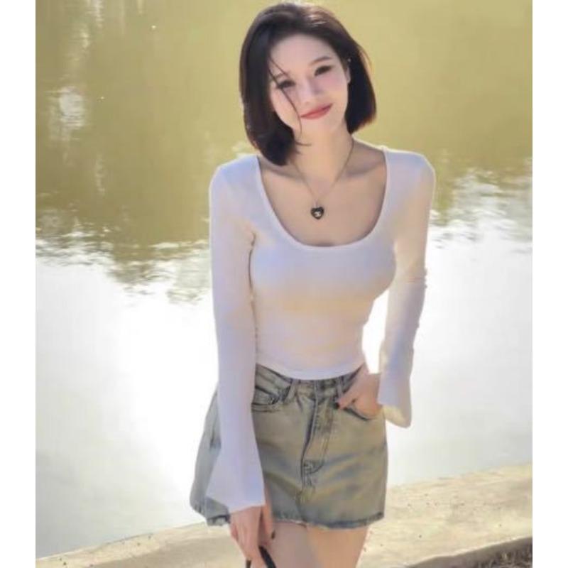 Новая осенне-зимняя футболка Pure Wind с U-образным вырезом и длинными рукавами для женщин с узким роговым рукавом снизу