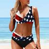 Женские купальники, бикини, комплект из 2 предметов, купальник с открытой спиной и лямкой на шее, пляжная одежда, разноцветные купальные костюмы в полоску с кристаллами и принтом