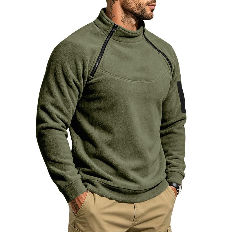 Men's Warm Polar Fleece Stand Collar Sweatshirt Asymmetric Half Zip Long Sleeve Pullover Top with Arm Pocket Outdoor Casual Shirt
