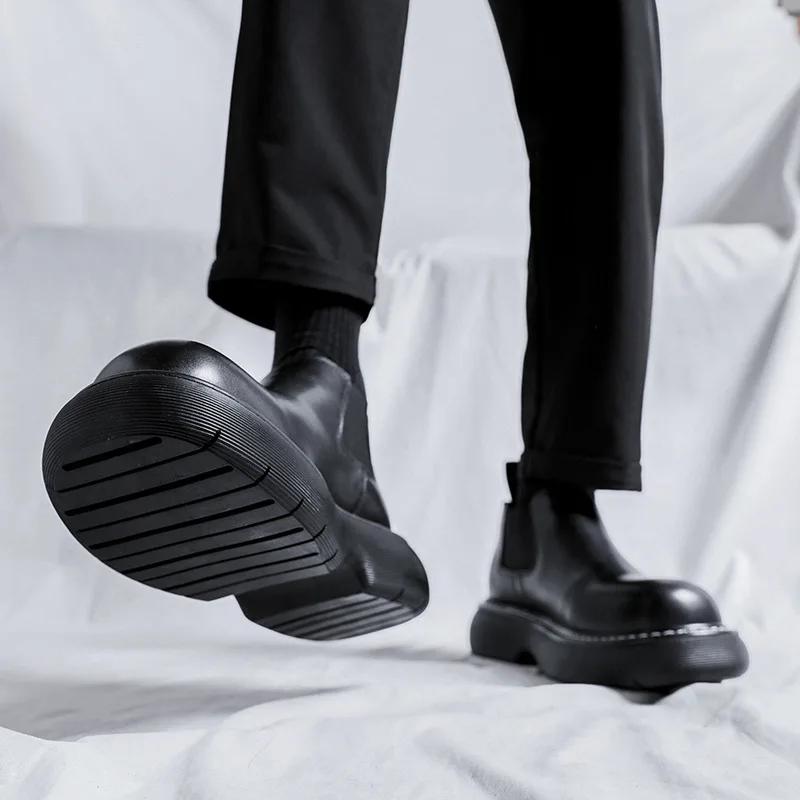 2024 Мужская модная уличная обувь в японском стиле Karajuku в корейском стиле на толстой платформе, повседневные черные кожаные туфли, кожаные туфли без застежек