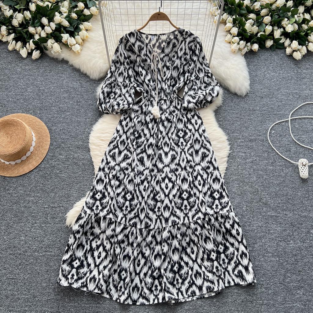 Elegant Vintage Floral Dress for Women Summer Lace Up Slim Waist Dresses Y2k Puff Sleeve Loose Dresses