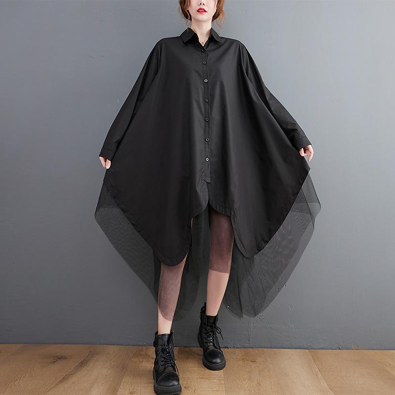 Осенняя корейская версия большого размера свободной поддельной двухсекционной юбки-рубашки с нерегулярной строчкой из двух слоев сетки