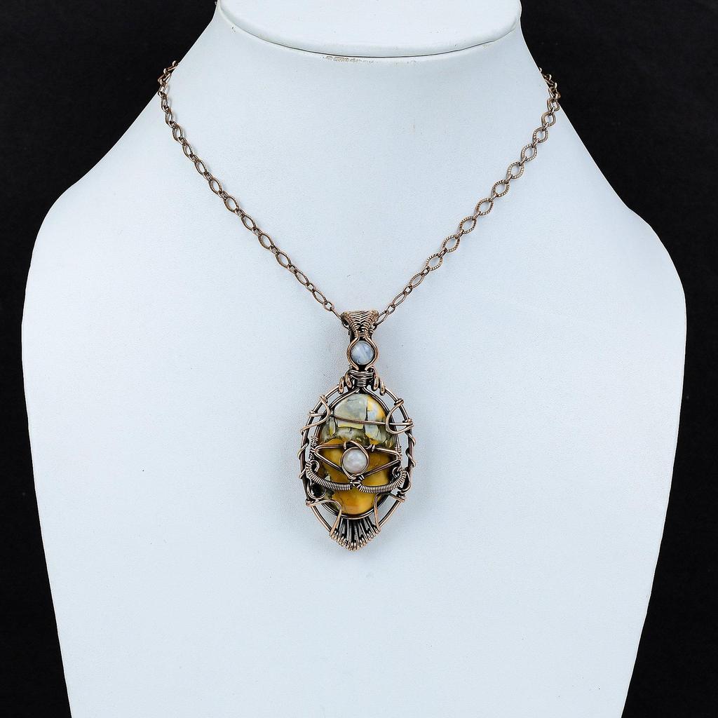 Подвеска из яшмы "Сглаз Малигано" Медная проволока Подвеска из драгоценного камня Ювелирные изделия ручной работы Подвеска из радужного лунного камня Медные украшения Подарок для него