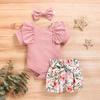 Однотонный комбинезон с оборками для новорожденных девочек + шорты с цветочным принтом + наряд с повязкой на голову