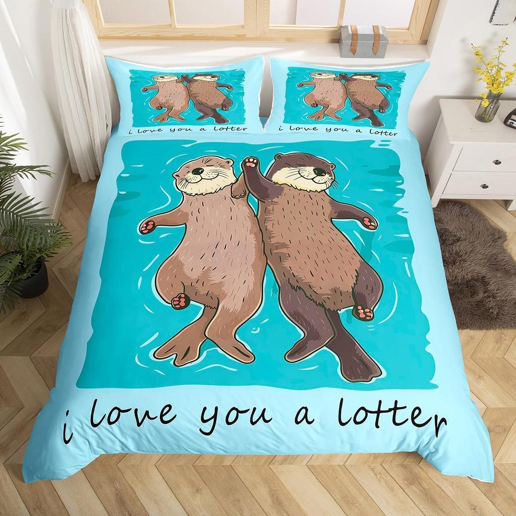 Sea Otter Duvet Cover Set Ocean Creature Otter Toddler Soft Polyester Bedding Set Cute Cartoon Animal Print Comforter Cover Sets