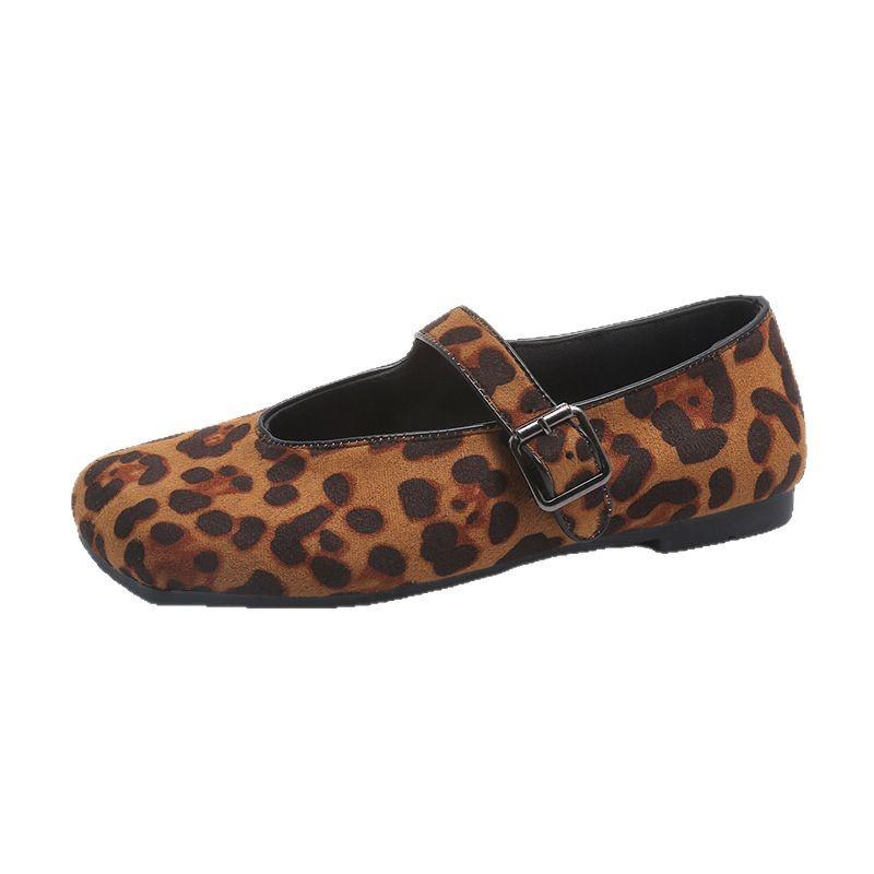 2025 New Horsehair Mary Jane Retro Round Head Ballet Shallow Mouth One-word Buckle Flat Bottom Leopard Print Single Shoes Women's Shoes