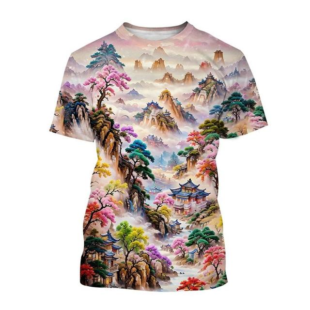 3D Printed Landscape T-shirt Chinese Art Painting T Shirt For Men Fashion Round Neck Short-sleeved Oversized Summer Tees Tops