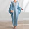 Women's Light Blue V Neck Handmade Beaded Batman Sleeve Loose Robe Muslim Dress