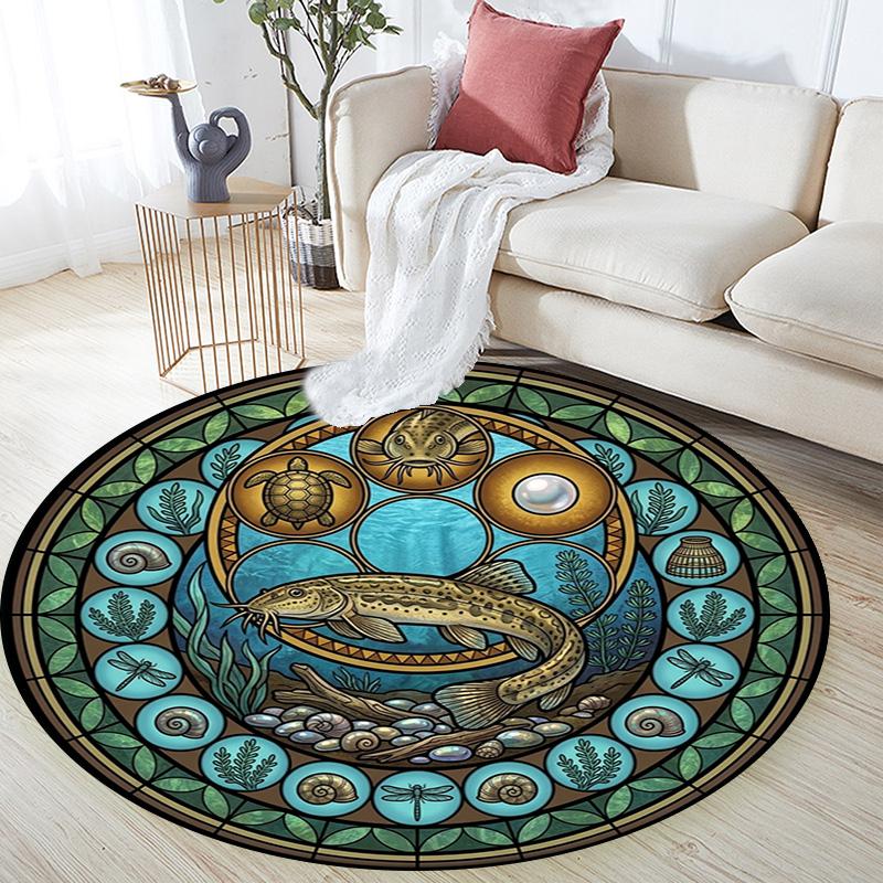 Ocean Life Symbols Round Area Rug Under Office Chairs Bedroom Living Room Home Decor