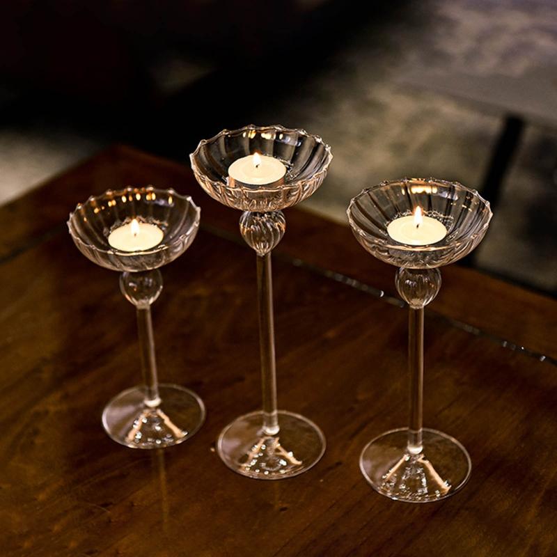 Стеклянный высокий подсвечник на ножках, подставка для свечи ручной работы, домашнее украшение для гостиной, спальни, офисного стола