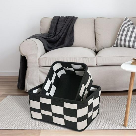 Черно-белая плетеная клетчатая корзина для хранения - Скандинавская кожа и войлочный контейнер для косметики и организации дома