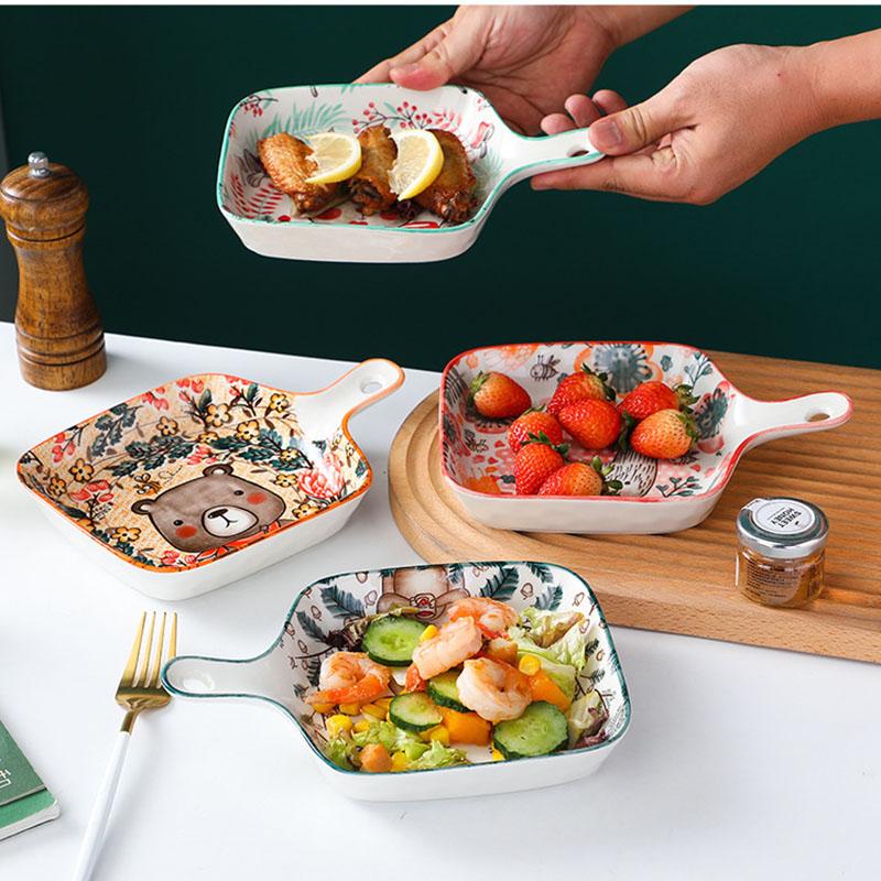 Керамический противень для выпечки с ручкой, дизайн «Лесные животные», миски, креативная тарелка для ресторана, домашняя посуда, кухонная посуда, подарок