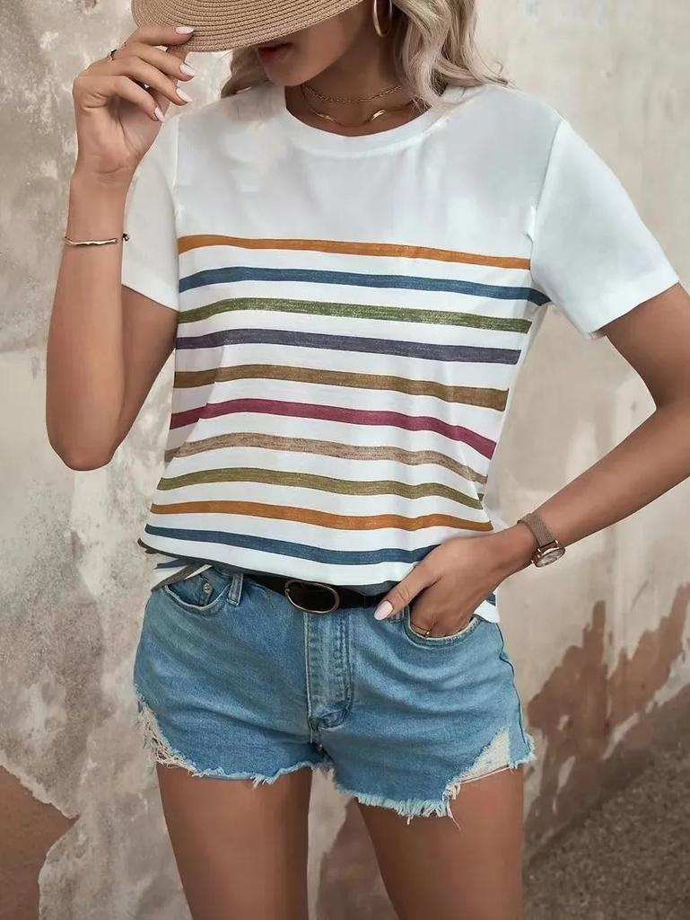 Summer Women's 3D Striped Printed T-shirt Top Casual Short Sleeved Round Neck Clothing