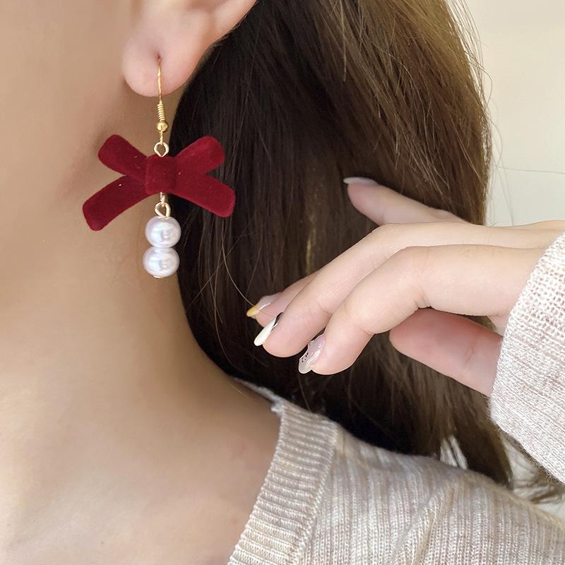 Элегантные женские серьги в корейском стиле с бантиком и бусинами, игла из серебра 925 пробы