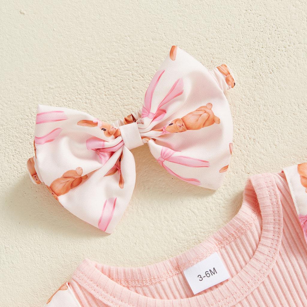 Детский пасхальный наряд для девочки с принтом кролика, состоящий из двух частей, комбинезон с рукавами-мушками, повязка на голову с бантом, весенний комплект из 2 предметов