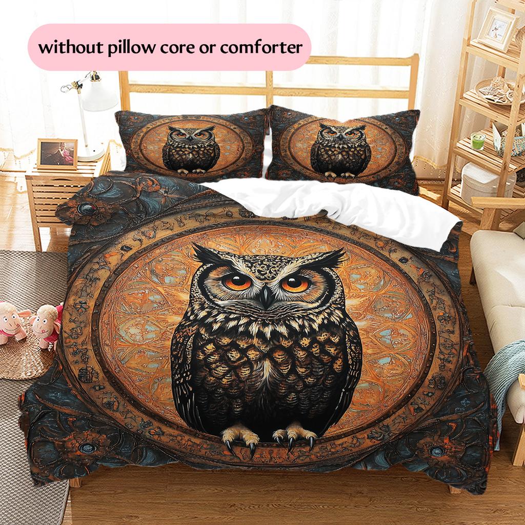 Retro Patterned Owl Pattern Bedding Quilt Set Quilt Cover Pillowcase Home Decoration Gift (1 * duvet cover + 2 * pillowcase, without core)