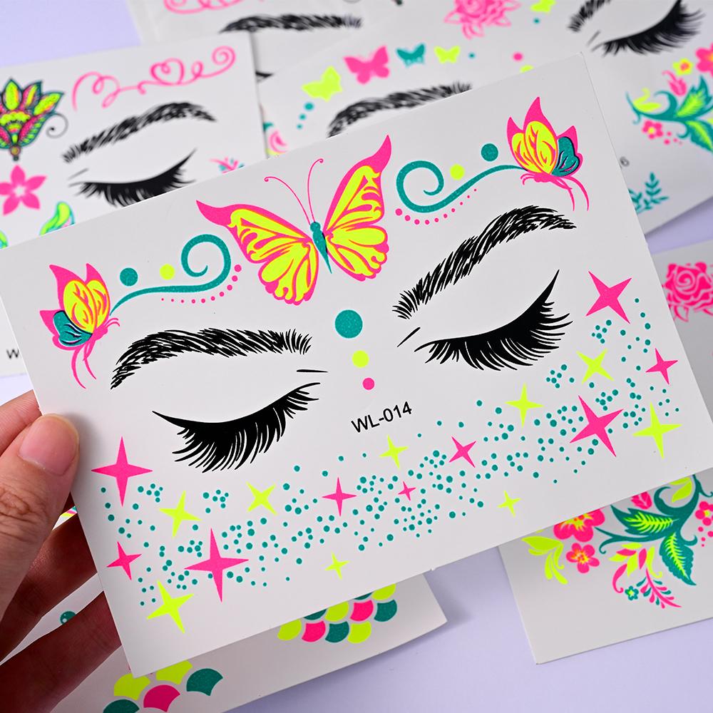4/8 шт. Флуоресцентные наклейки-тату на лицо, временные наклейки с красочным дизайном цветов/бабочек/перьев, водостойкие татуировки для макияжа/вечеринки