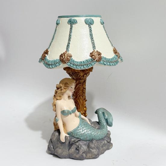 Resin Mermaid Table Lamp Hand-Painted Mermaid Night Light with USB Port Desk Lamp for Bedroom Living Room Decor