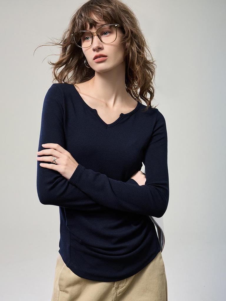 Вязаный топ с V-образным вырезом и длинным рукавом на осень 2025 для женщин - Облегающий, универсальный и стильный