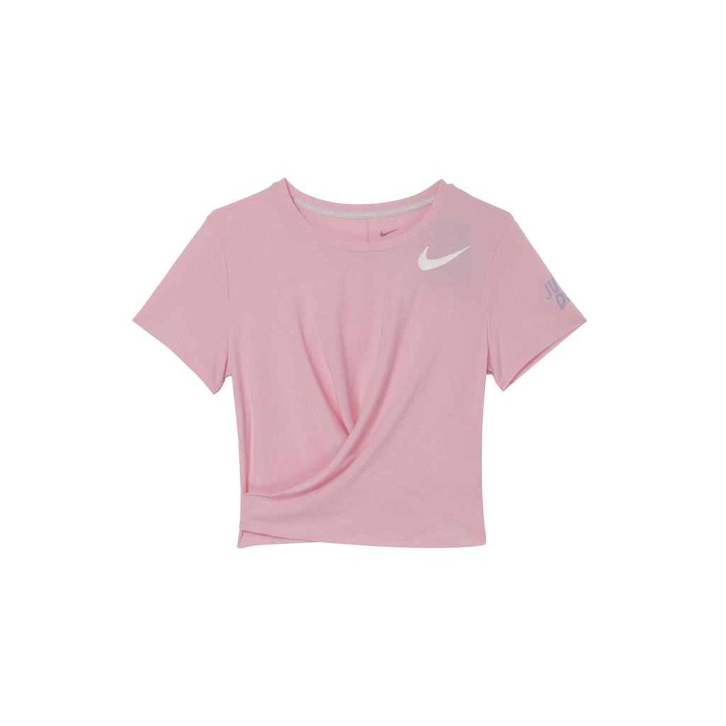 Nike Dri-Fit One Luxe Solid Logo Yoga Быстросохнущая повседневная футболка с круглым вырезом и коротким рукавом для женщин, топы нежно-розового цвета FJ9871-690