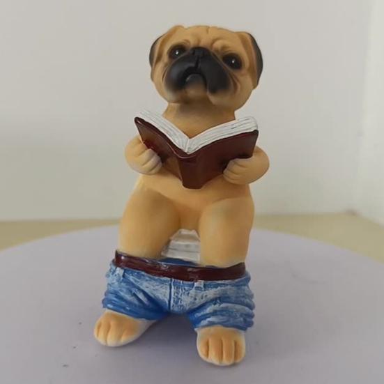 Pug Sitting On Toilet Figurine Reading Book Dog Resin Statue Puppy Animal Sculpture