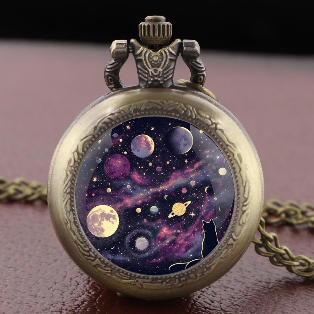 Vintage Starry Sky & Cat Themed Pocket Watch - Arabic Numeral Dial Necklace Pendant Clock Gift for Men Women reloj de bolsillo