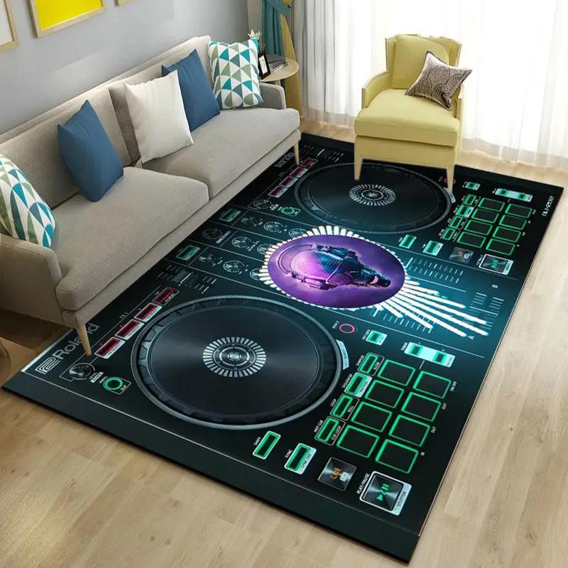DJ Turntable Themed Large Area Rug, Colorful Mixer Console Motifs, Trendy Living Room Carpet, Varied Design Floor Cover