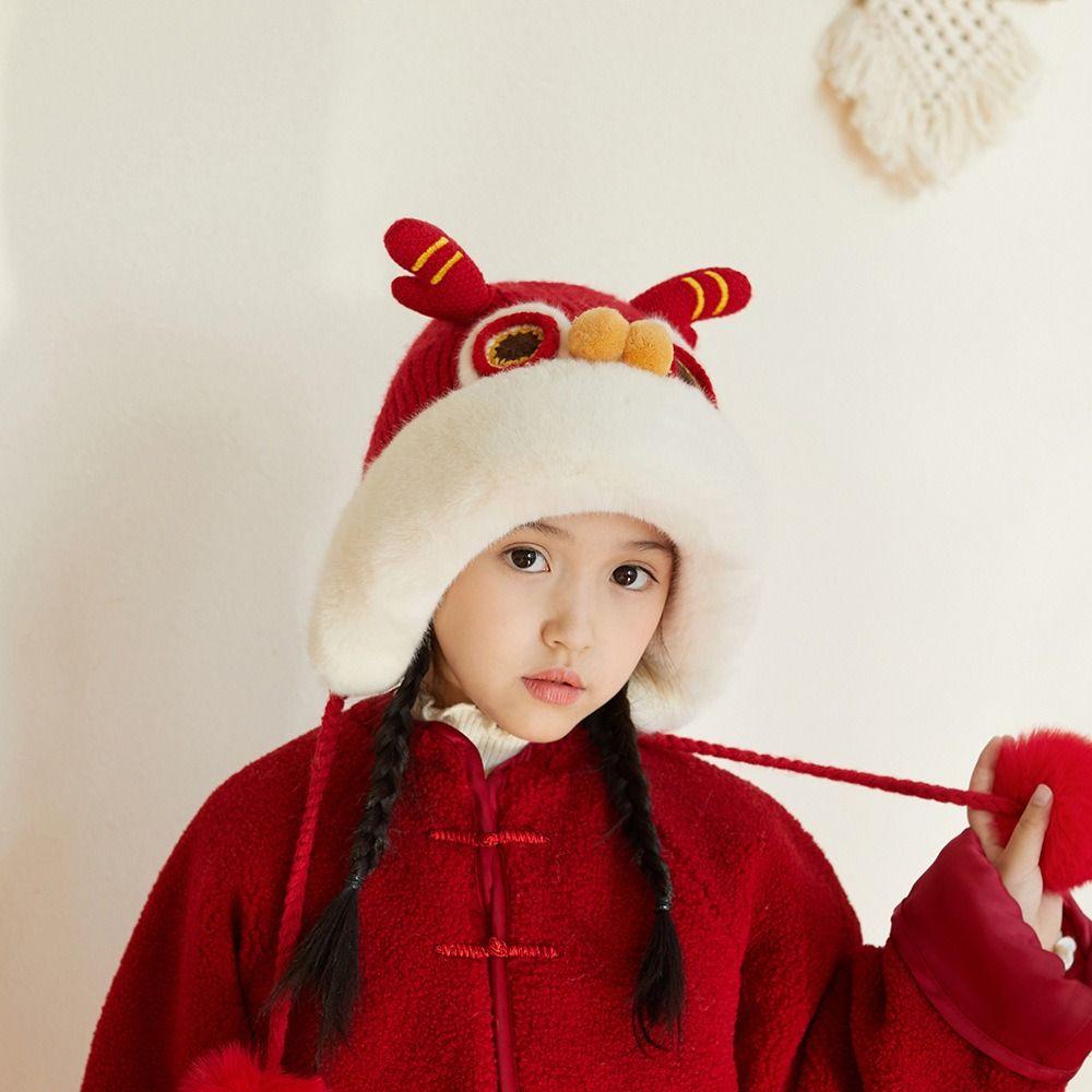 Hairball New Year Lion Cap Embroidery Cap Kids Beanie Cap Unique Children Fleece Hat Ear Protector