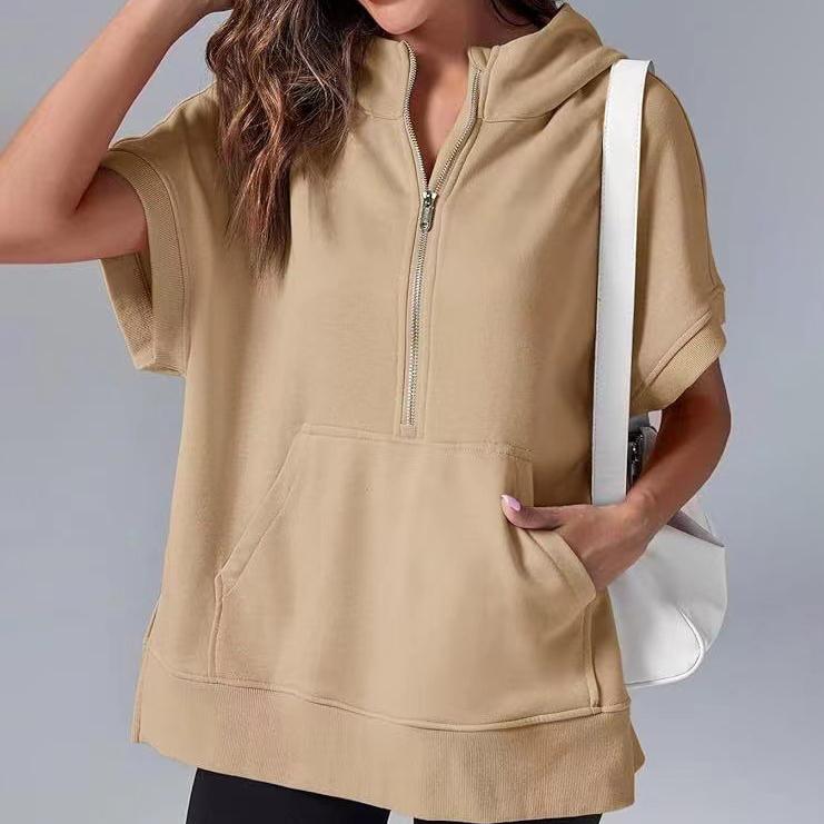 Весенняя женская однотонная модная повседневная толстовка с капюшоном и коротким рукавом