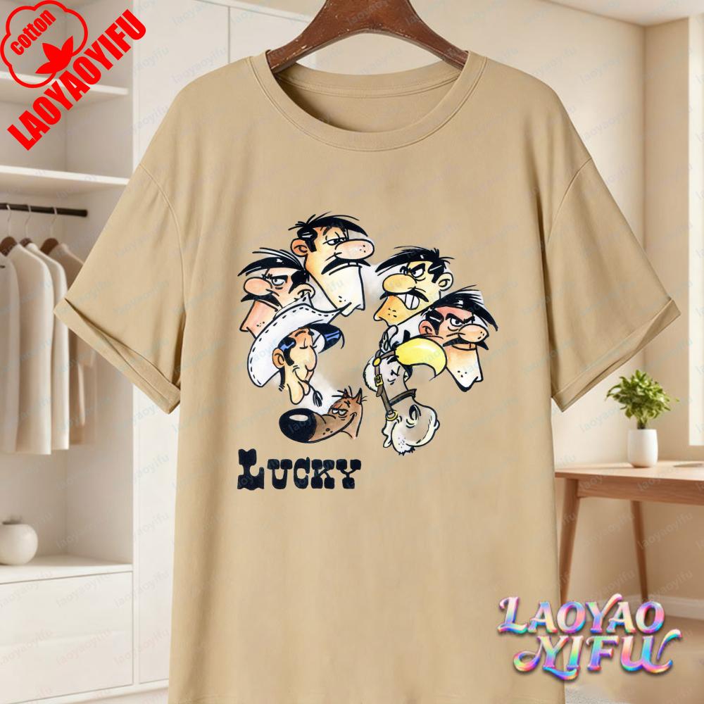 Lucky Luke Full Cast Print Casual Tops Playful Western Cartoon Cotton Tee Funny Vintage Classic Anime Shirt Trend Unisexs Clothing