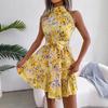 Spring and Summer Style Lace-up with Ruffled Hem Floral Print Dress for Women's Wear