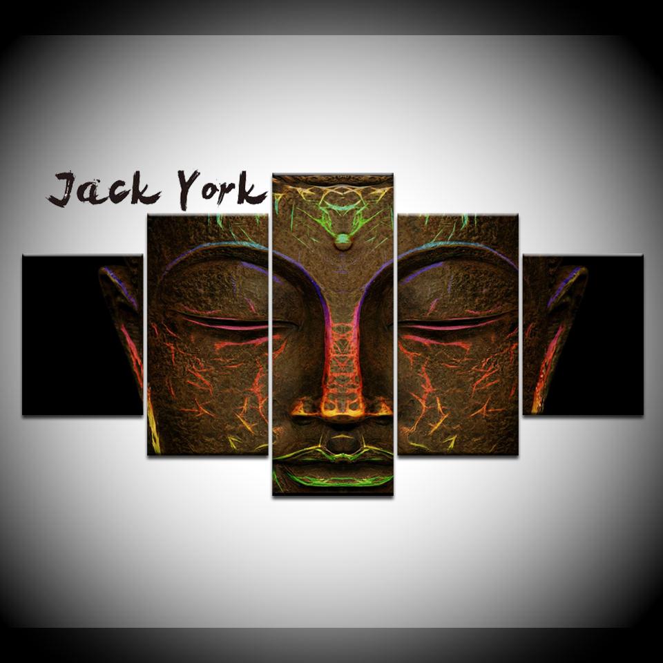 Canvas Painting glowing light bronze statue of buddha's face 5 Pieces Wall Art Painting Modular Wallpapers Poster Print Decor
