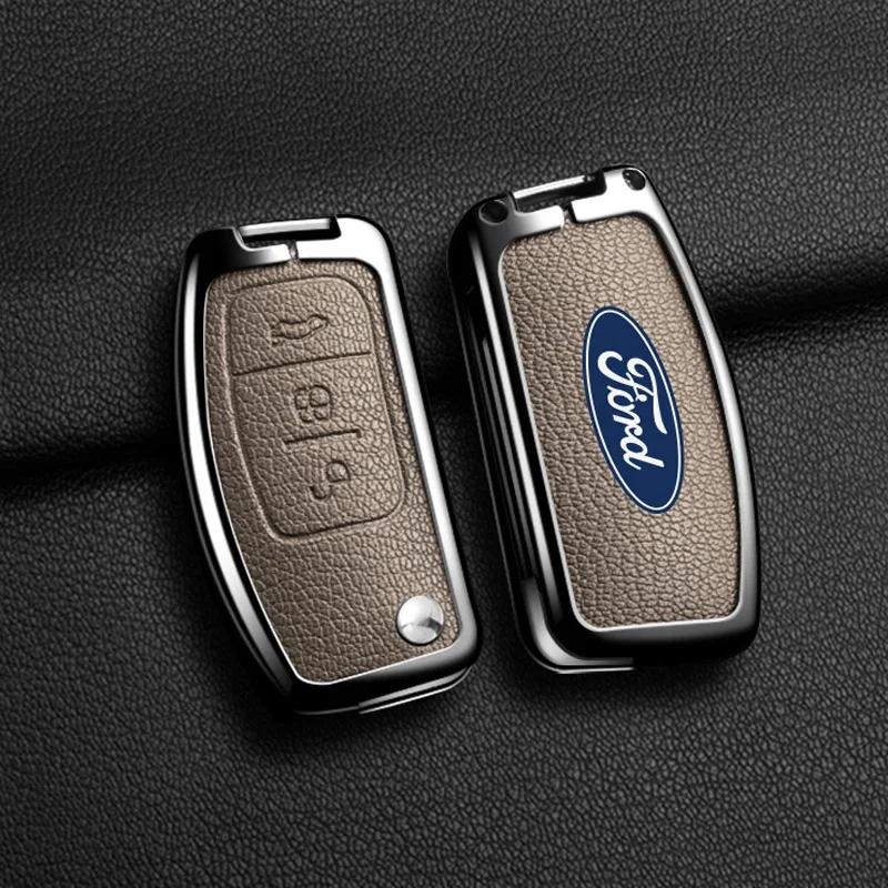 Car Sticker Hot For Ford Zinc Alloy Leather Car 3 Buttons Flip Key Case Cover Smart Remote Shell For Ford Fiesta Focus MK2 Monde