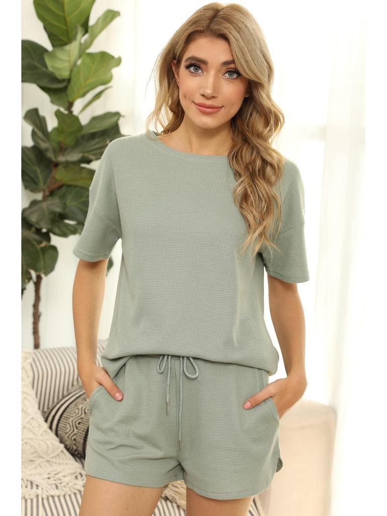 Женский повседневный трикотажный вафельный костюм-двойка 2024: Топ с коротким рукавом и шорты