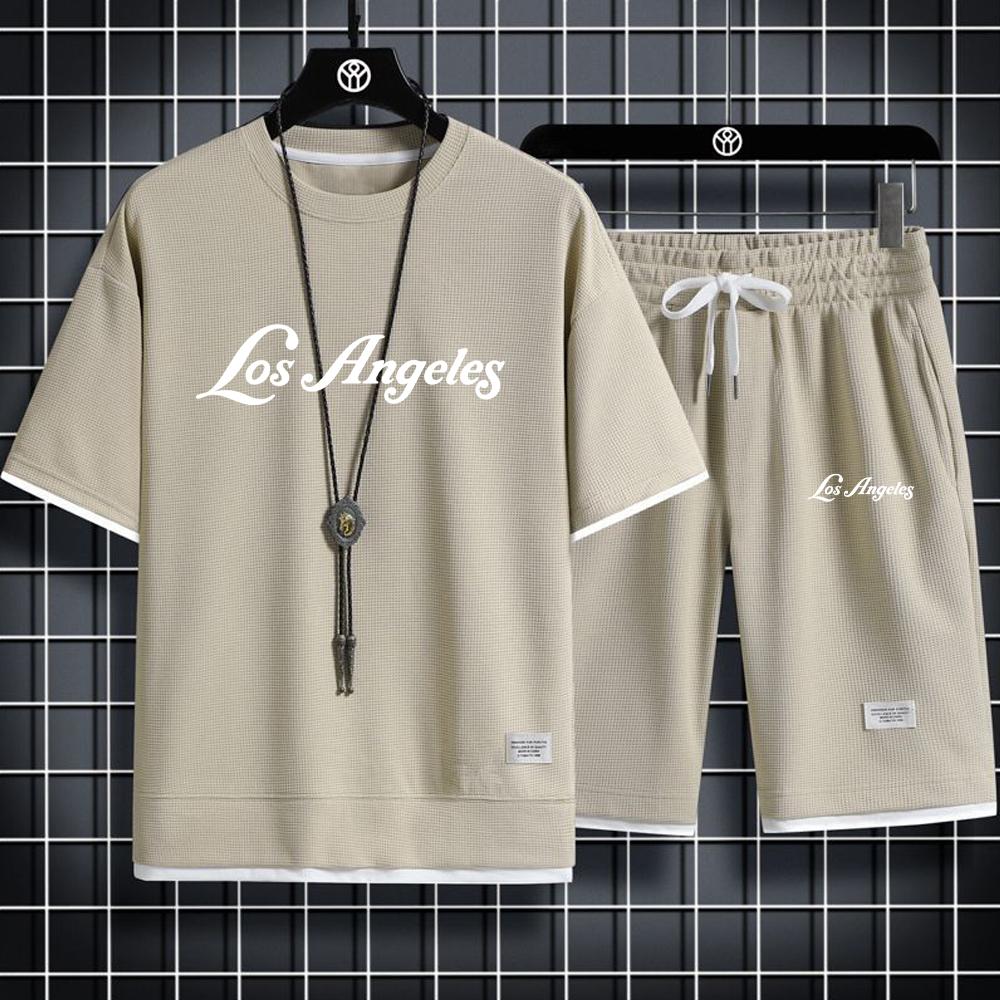 Футболка и спортивные шорты Los Angeles, спортивный комплект, мужской летний костюм, мужской летний костюм, простой и повседневный вафельный короткий рукав