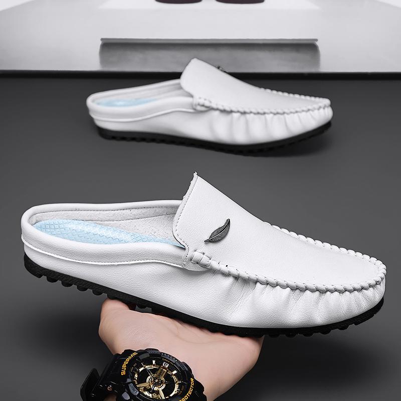 Fashion Breathable Mens Half Slippers Handmade Leathe Muller Shoes Loafers Male Comfy Flats Lazy Shoes Soft Handmade Men Casual Footwear