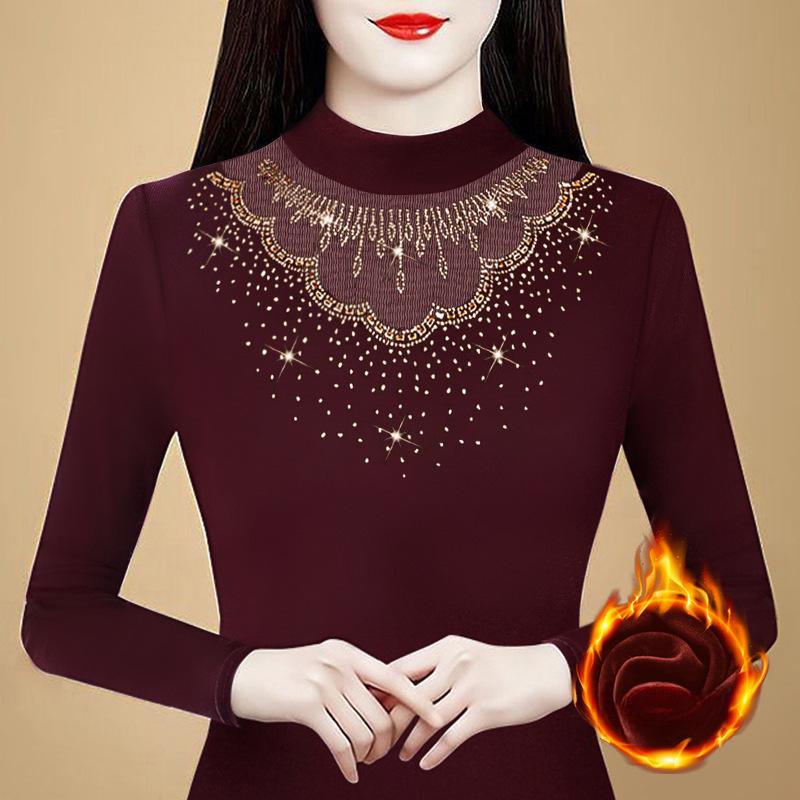 Half Turtleneck Base Shirt for Women with Mesh Ironing Tops for Mothers with Fashionable Plush Velvet Thickened Long-sleeved T-shirt