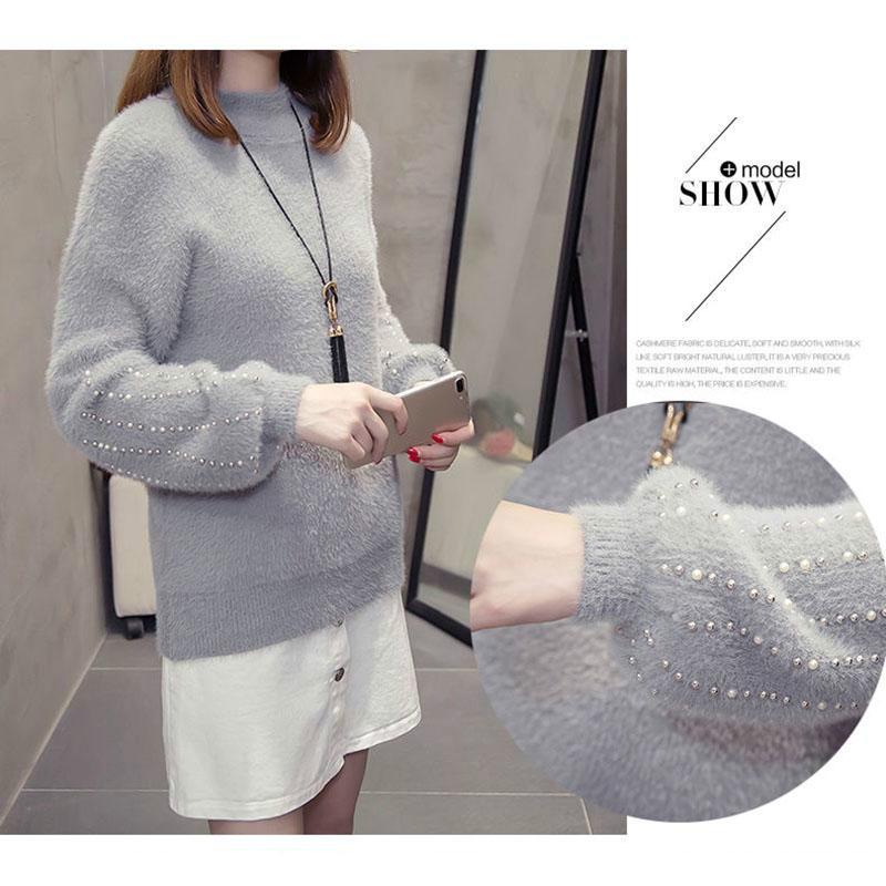 Нечеткий свитер для женщин, бархатный свитер из искусственной норки, женский пуловер с бисером, нижняя рубашка, корейские свитера из мохера с высоким воротом и длинными рукавами