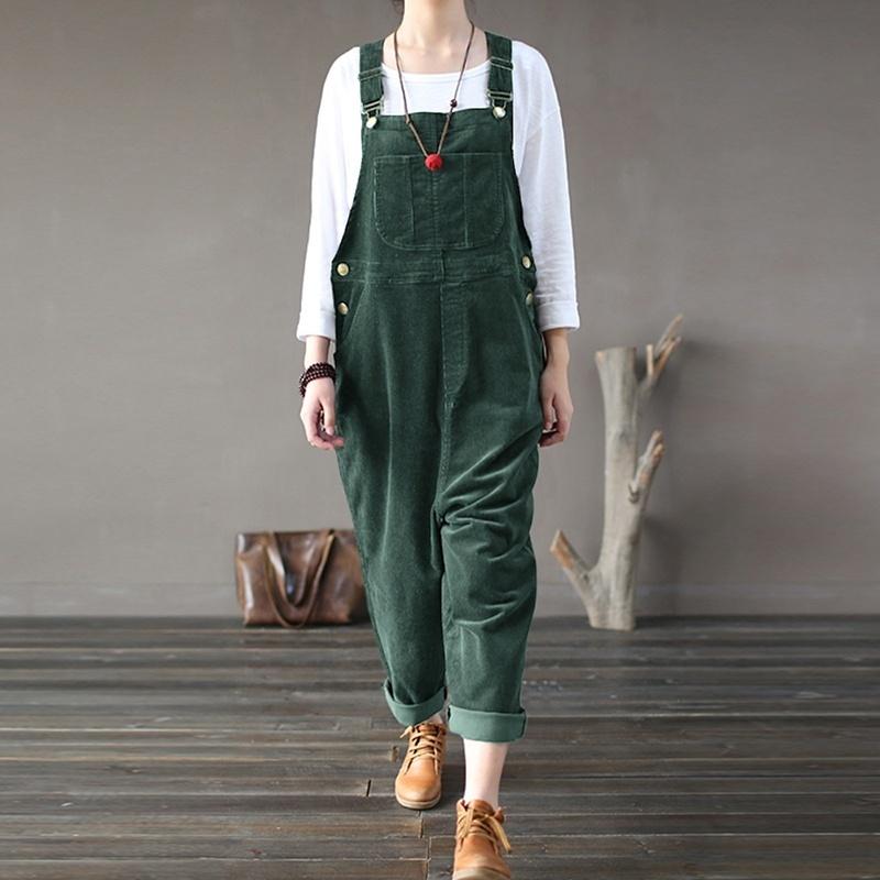 Vintage Women Corduroy Overalls Dungarees Solid Color Bib Pants Sleeveless Loose Jumpsuits Rompers
