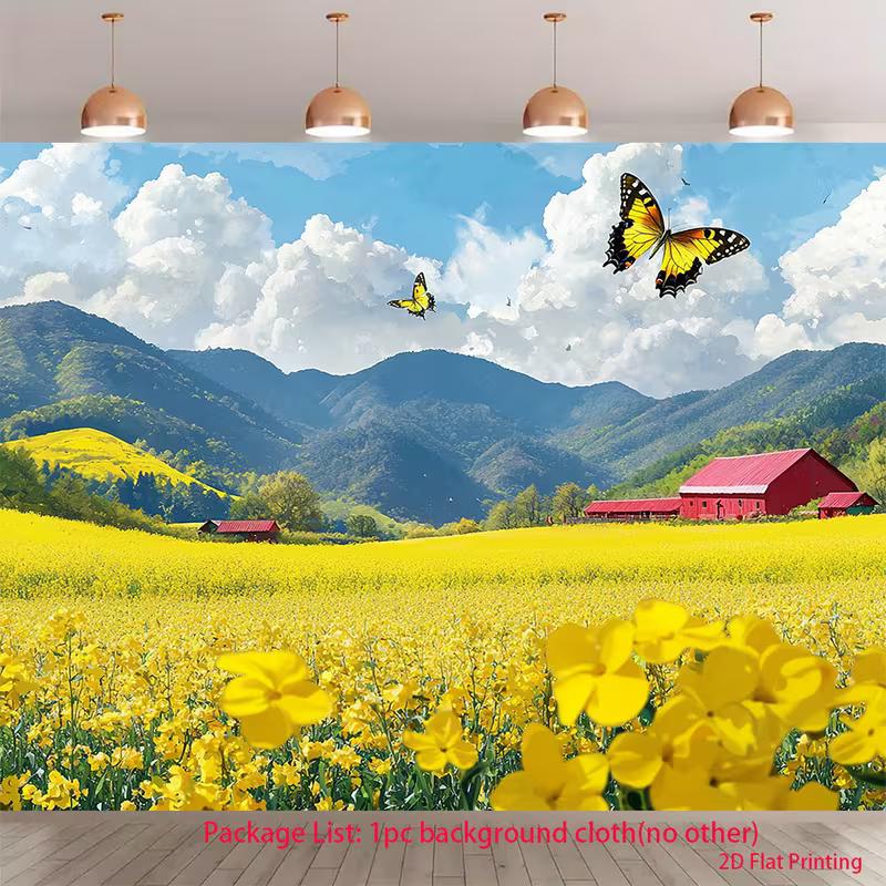 2D Themed Tapestry for Spring, Countryside Flower Farm with Red Barns and Yellow Butterflies