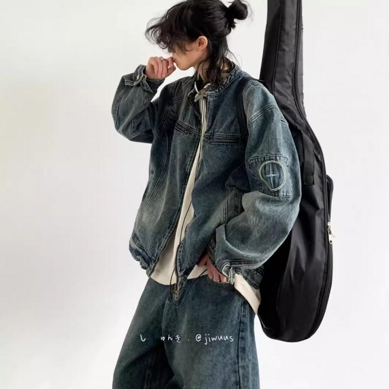Men Women Oversized Denim Jacket Vintage Style Casual Workwear Blue