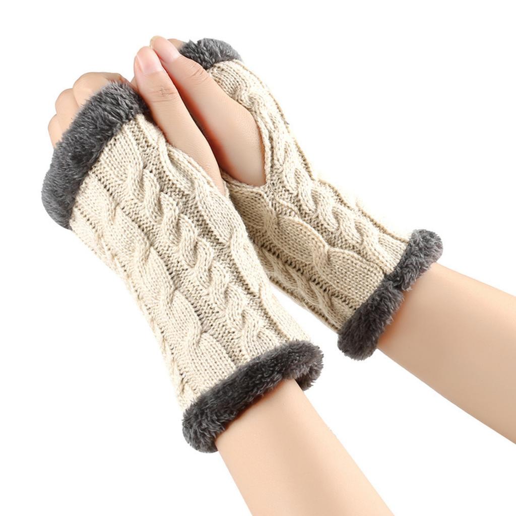 Women's Winter Warm Wool Gloves, Fingerless Twisted Knit Color Short Gloves