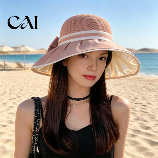 UV Protection Summer Hat Women Hollow Knit Bucket Hat, Wide Brim Sun Stylish Beach Accessories Foldable Caps for Commute Outdoor Fashion Bowknot